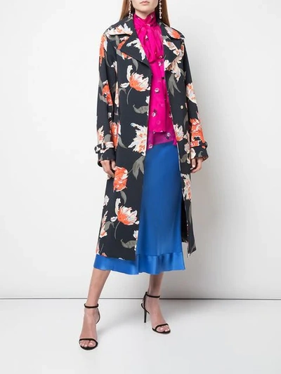 Shop Rochas Floral Print Trenchcoat In Blue