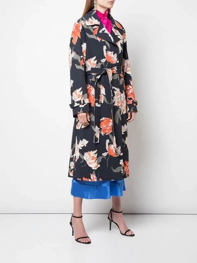 Shop Rochas Floral Print Trenchcoat In Blue