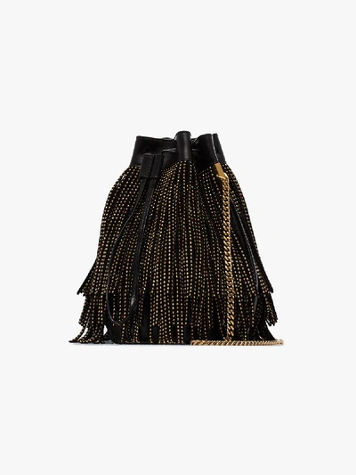 Shop Saint Laurent Black Small Talitha Fringe Bucket Bag In 1000