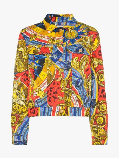 Shop Moschino Roman Scarf Print Denim Jacket In 1888 Multicoloured