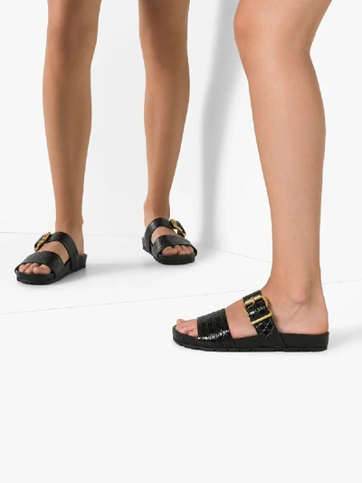 Shop Prada Black Double Strap Leather Sandals