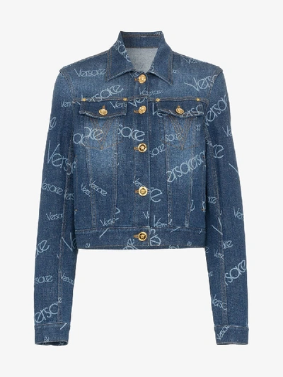 Shop Versace Washed Logo Denim Jacket In Blue