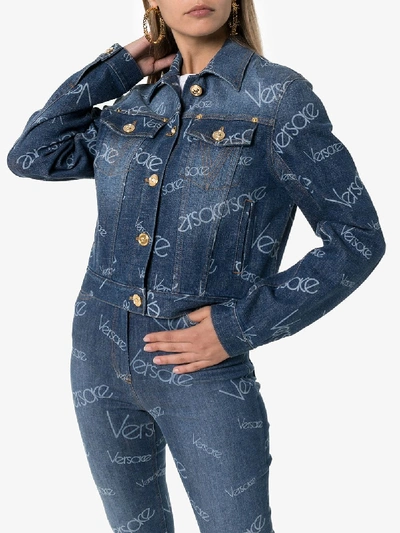 Shop Versace Washed Logo Denim Jacket In Blue