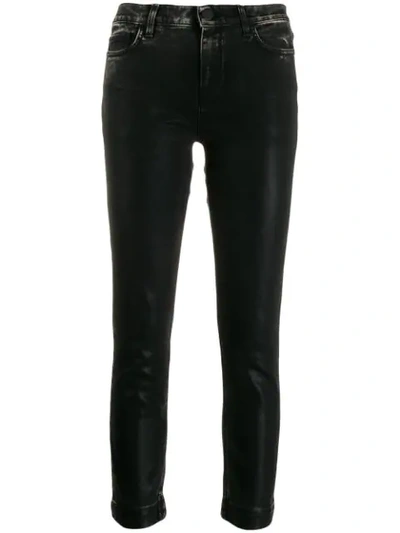 Shop Pinko Leather Effect Cropped Denim Jeans In Black