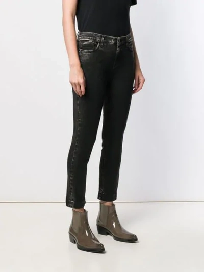Shop Pinko Leather Effect Cropped Denim Jeans In Black