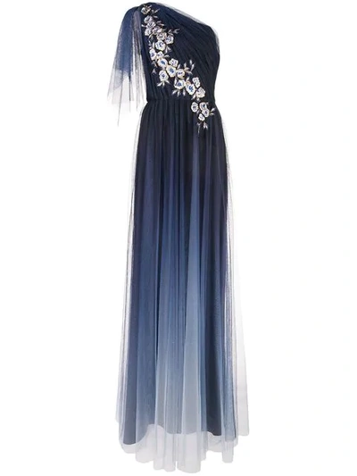 Shop Marchesa Notte Long One-shoulder Dress In Blue