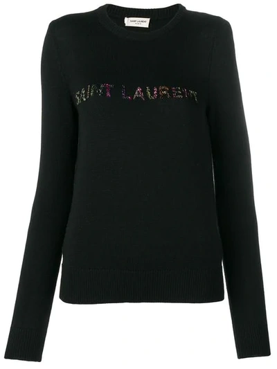 Shop Saint Laurent Embellished Logo Jumper In Black