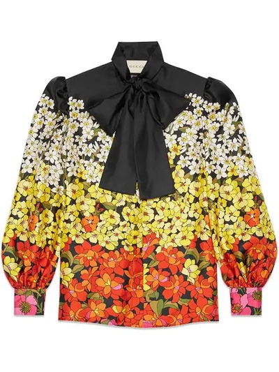 Shop Gucci Degradé Flowers Silk Twill Shirt In Black