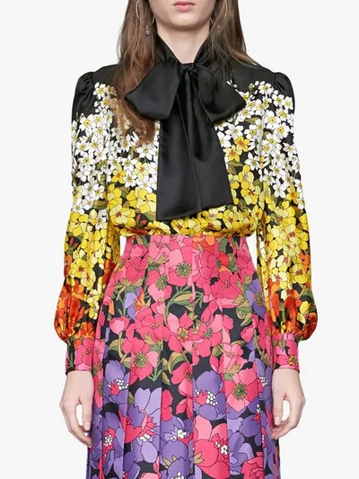 Shop Gucci Degradé Flowers Silk Twill Shirt In Black