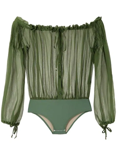 Shop Amir Slama Ruched Off-shoulder Body In Green