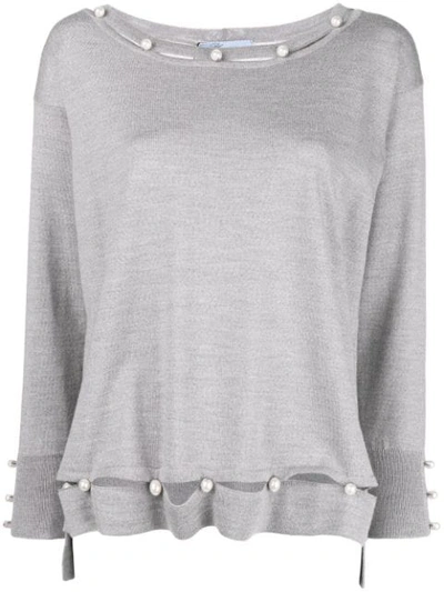 Shop Blumarine Pearl Embellished Fine-knit Sweater In Grey
