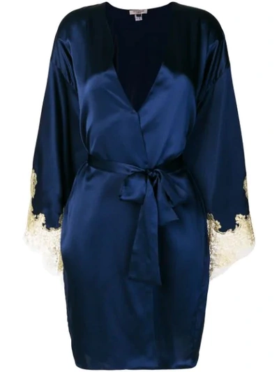 Shop Gilda & Pearl Gina Lace-cuff Satin Dressing Gown In Blue