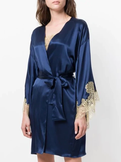 Shop Gilda & Pearl Gina Lace-cuff Satin Dressing Gown In Blue