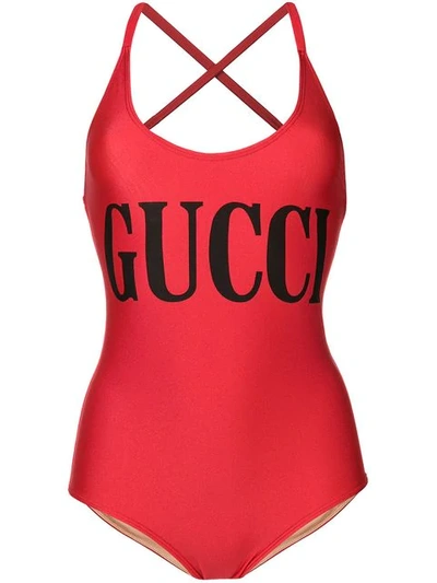 Shop Gucci Logo Printed Swimsuit In Red