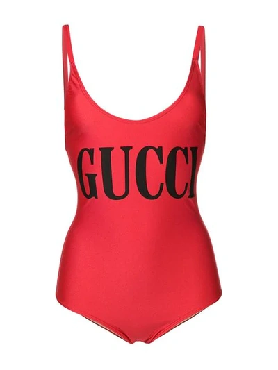Shop Gucci Logo Printed Swimsuit In Red