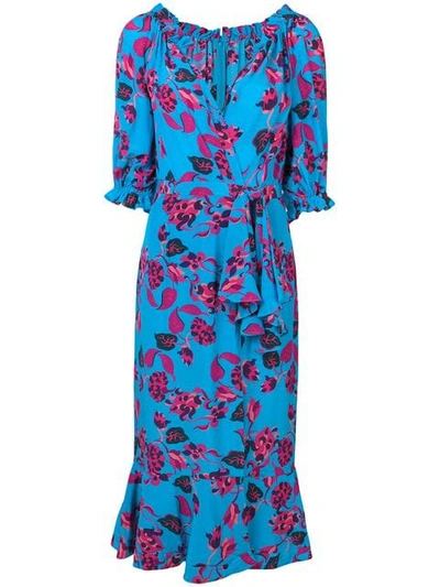 Shop Saloni Floral Print Wrap Dress In Blue