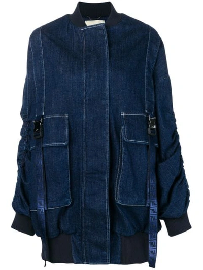 Shop Fendi Oversized Denim Bomber Jacket In Blue