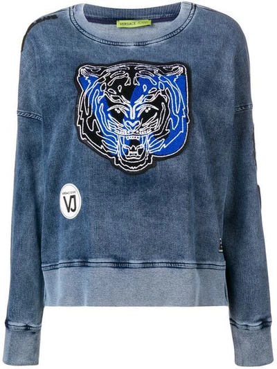 Shop Versace Jeans Tiger Patch Applique Washed Sweatshirt In Blue