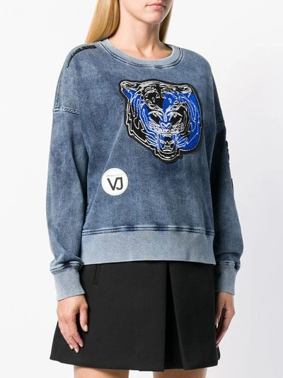 Shop Versace Jeans Tiger Patch Applique Washed Sweatshirt In Blue