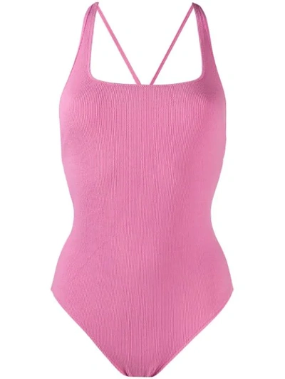 Shop Ganni Ribbed Swimsuit In 506 Moonlight Mauve