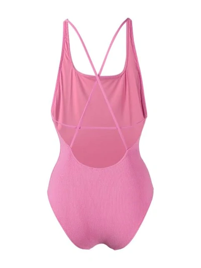 Shop Ganni Ribbed Swimsuit In 506 Moonlight Mauve