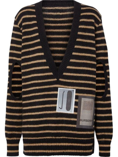 Shop Burberry Montage Print Striped Mohair Wool Blend Jumper In Black_honey