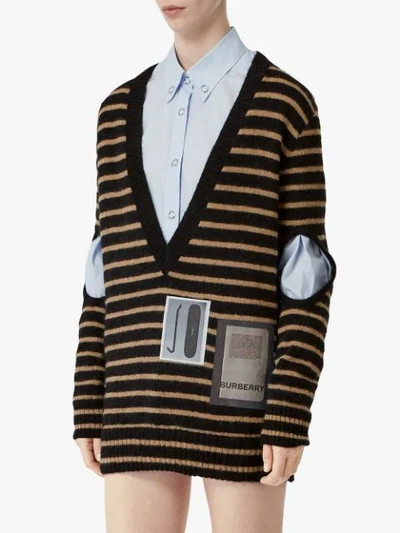 Shop Burberry Montage Print Striped Mohair Wool Blend Sweater In Black_honey