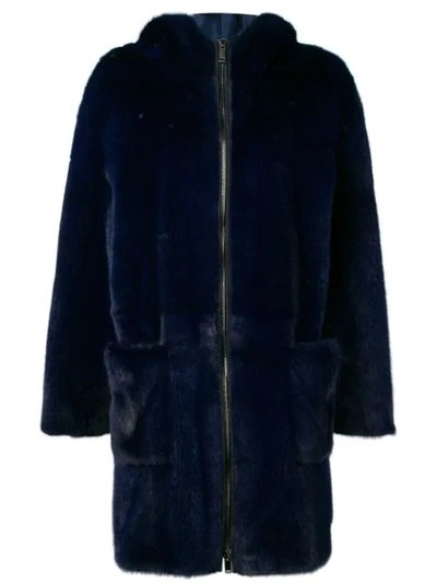 Shop Liska Pallas Hooded Fur Coat In Blue