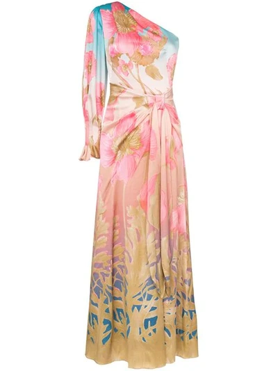 Shop Peter Pilotto One Shoulder Floral Print Silk Maxi Dress In Sky Poppy