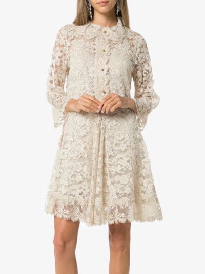 Shop Gucci Collared Lace Silk Mini Dress In Neutrals