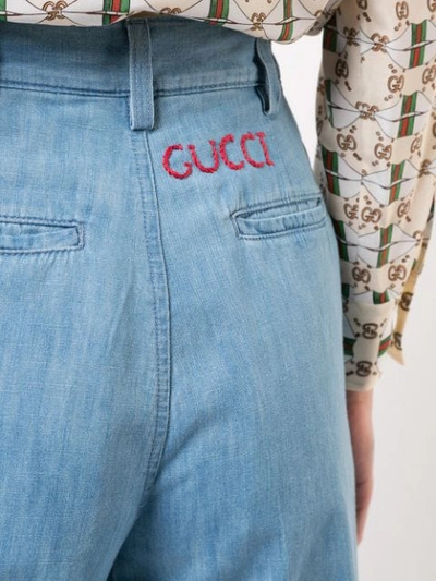 Shop Gucci Embroidered Denim Culottes In Blured
