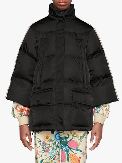Shop Gucci Padded Nylon Cape Jacket With  Stripe In Black