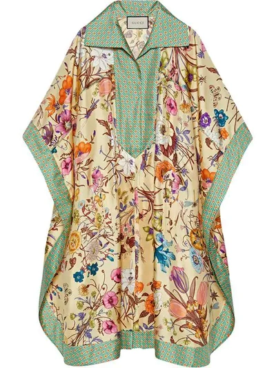 Shop Gucci Flora Print Silk Kaftan In Yellow