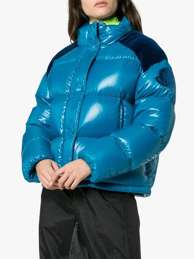 Shop Moncler Chouette Feather Down And Velvet Puffer Jacket In Blue