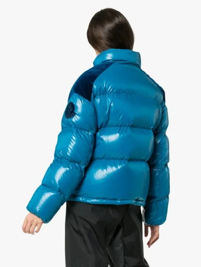 Shop Moncler Chouette Feather Down And Velvet Puffer Jacket In Blue