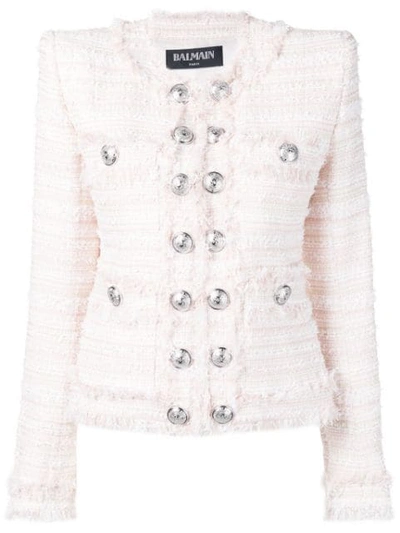 Shop Balmain Oversized Button Tweed Jacket In Pink