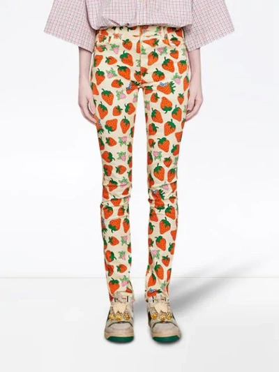 Shop Gucci Skinny Pant With  Strawberry Print In Blue