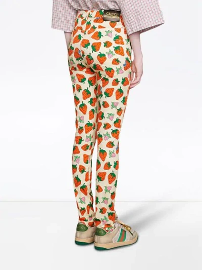 Shop Gucci Skinny Pant With  Strawberry Print In Blue