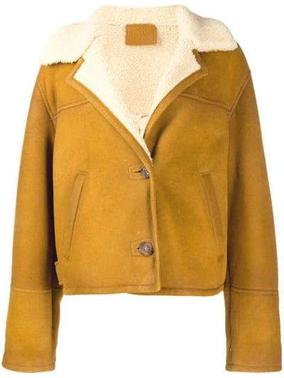 Shop Prada Buttoned Shearling Cropped Jacket In F0280 Giunco