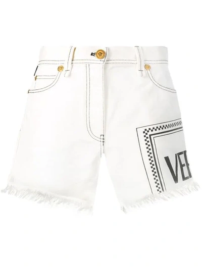 Shop Versace Jeans-shorts Mit Logo-print In A8065 Denim Ecru