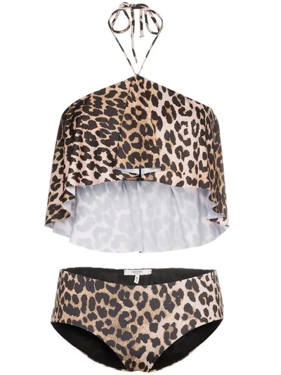 Shop Ganni Avalon Leopard Print Ruffle Bikini In Brown