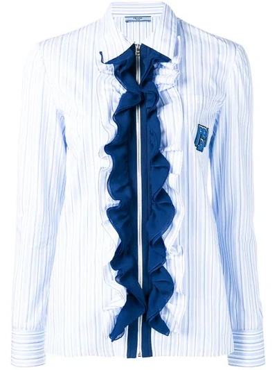 Shop Prada Ruffle-trimmed Shirt In Blue ,white