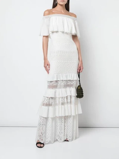 Shop Tadashi Shoji Bardot Frill Maxi Dress In White