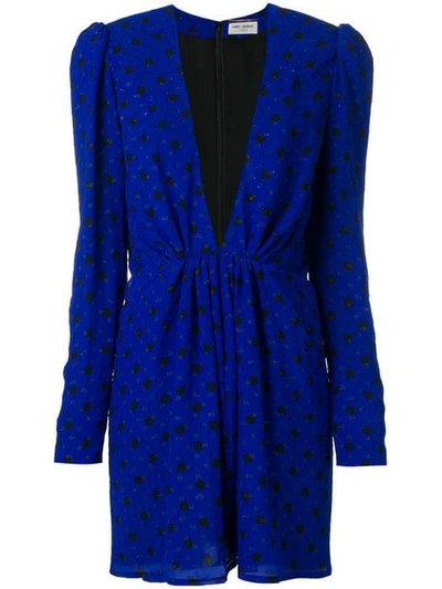 Shop Saint Laurent Polka Dot Mini Plunge Dress In Blue