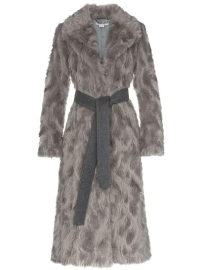 Shop Stella Mccartney Faux Fur Long Belted Coat In Grey