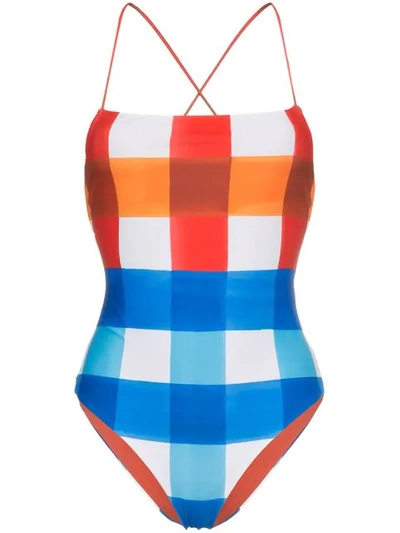 Shop Mara Hoffman Olympia Spaghetti Strap Check Swimsuit - Multicolour