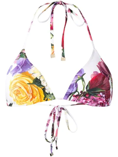 Shop Dolce & Gabbana Floral Print Bikini Top In White