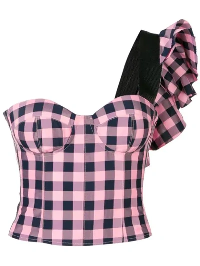 NATASHA ZINKO FRILLED ONE-SHOULDER CHECKED CORSET - 粉色