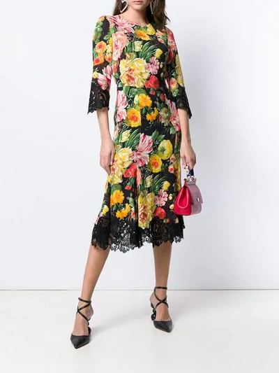 Shop Dolce & Gabbana Floral Midi Dress In Black