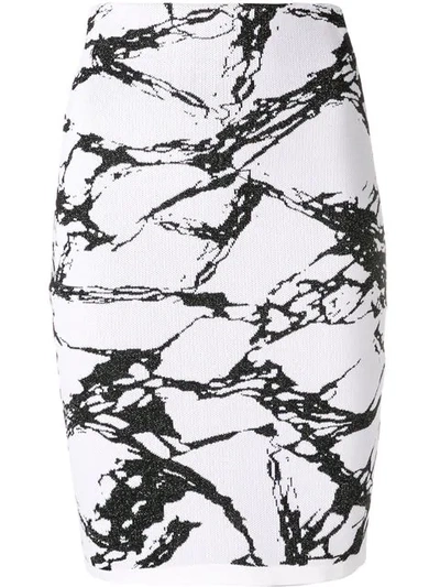 Shop Balmain Marble Print Knit Skirt In White